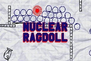 Håndtegnet grafik med teksten NUCLEAR RAGDOLL i blå og rød skrift, omgivet af cirkler og linjer på en baggrund af krøllet papir