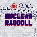 Håndtegnet grafik med teksten NUCLEAR RAGDOLL i blå og rød skrift, omgivet af cirkler og linjer på en baggrund af krøllet papir