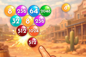 Farverige nummererede kugler svæver over en støvet ørkenby, mens en finger trykker på en kugle med lysglimt