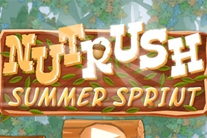 Træskilt med teksten Nut Rush: Summer Sprint omgivet af blade og en legetøjs-stamme nedenfor