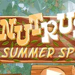 Træskilt med teksten Nut Rush: Summer Sprint omgivet af blade og en legetøjs-stamme nedenfor