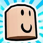 En tegneserieagtig, beige hovedfigur med et smilende ansigt på en blå-og-hvid stribet baggrund
