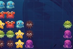 Farverige tegneserieagtige havdyr som fisk, krabber, søstjerner og blæksprutter er arrangeret på et rutenet mod en mørkeblå baggrund