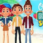 Tre animerede figurer, to drenge og en pige, står foran en strandbaggrund med teksten Ocean Kids Back to School