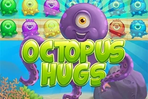 En lilla blæksprutte med et enkelt øje står foran en række farverige, kugleformede væsener under vand med teksten Octopus Hugs i grønne bogstaver