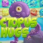En lilla blæksprutte med et enkelt øje står foran en række farverige, kugleformede væsener under vand med teksten Octopus Hugs i grønne bogstaver