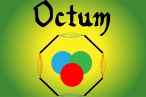 Tekst Octum med tre overlappende cirkler i rød, blå og grøn, omkranset af sort- og guldfarvet sekskant