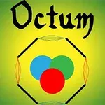 Tekst Octum med tre overlappende cirkler i rød, blå og grøn, omkranset af sort- og guldfarvet sekskant
