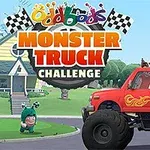 En rød monstertruck med tegneseriefigurer i farverige dragter, der kører gennem en forstad med flag og hus baggrunde