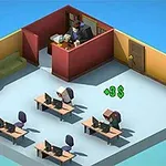 Isometrisk kontormiljø med skriveborde, computere, stole og en person i et separat kontor