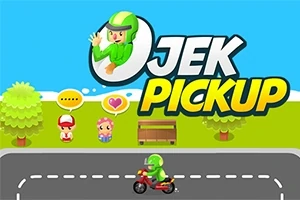 Tegneserieillustration med en motorcyklist i grøn dragt på en vej, to figurer ved siden af en bænk med talebobler og teksten JEK PICKUP