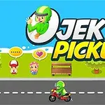 Tegneserieillustration med en motorcyklist i grøn dragt på en vej, to figurer ved siden af en bænk med talebobler og teksten JEK PICKUP