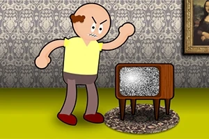 Tegneseriefigur ser vred ud foran et gammelt TV med statisk støj på skærmen i et stiliseret rum med mønstret tapet