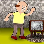 Tegneseriefigur ser vred ud foran et gammelt TV med statisk støj på skærmen i et stiliseret rum med mønstret tapet