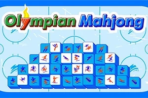 Blå Mahjong-brikker med olympiske sportsikoner stablet i midten af billedet på en lys baggrund, med teksten Olympian Mahjong øverst