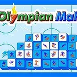 Blå Mahjong-brikker med olympiske sportsikoner stablet i midten af billedet på en lys baggrund, med teksten Olympian Mahjong øverst