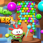 Sød figur med store øjne foran et tårn fyldt med farverige kugler, med teksten Om Nom Tower 3D øverst