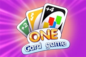 Tre spillekort med forskellige symboler og tal på en lilla strålebakgrund med teksten ONE Card game nedenfor