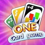 Tre spillekort med forskellige symboler og tal på en lilla strålebakgrund med teksten ONE Card game nedenfor