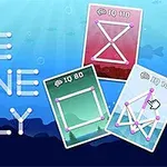 Tekst ONE LINE ONLY ved siden af tre farverige kort med geometriske mønstre på en blå baggrund