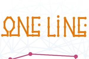 Orange tekst ONE LINE dannet af prikker, med en baggrund af forbindende linjer og prikker i lilla nuance