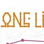 Orange tekst ONE LINE dannet af prikker, med en baggrund af forbindende linjer og prikker i lilla nuance