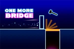 Teksten One More Bridge i neonfarver, en hammer, og geometriske former med en mørkeblå baggrund