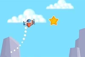 Et tegneserieagtigt fly svæver mod en gul stjerne på en blå himmel med skyer, omgivet af lilla bjerge