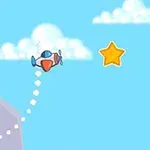 Et tegneserieagtigt fly svæver mod en gul stjerne på en blå himmel med skyer, omgivet af lilla bjerge
