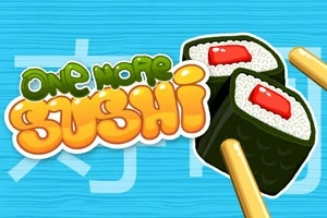 Illustration af to sushi-ruller med spisepinde ved siden af en farverig tekst på en blå baggrund