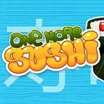 Illustration af to sushi-ruller med spisepinde ved siden af en farverig tekst på en blå baggrund