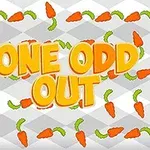 Tekst One Odd Out i gule bogstaver omgivet af mange orange gulerødder med grønne toppe på en ternet baggrund