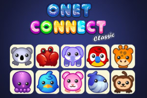 Farverige tegneserie-dyrikoner arrangeret i et gitter med teksten Onet Connect Classic øverst