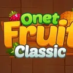 Tekst Onet Fruit Classic i farverige bogstaver med frugtillustrationer på en brun baggrund