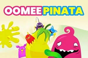 Farverige tegneseriefigurer rundt om en stor gul piñata med teksten OOMEE PINATA ovenfor