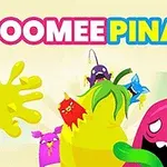 Farverige tegneseriefigurer rundt om en stor gul piñata med teksten OOMEE PINATA ovenfor
