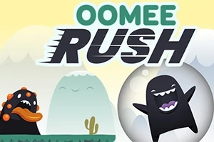 To animerede figurer i forskellige former og farver med teksten OOMEE RUSH øverst på en farverig baggrund med bjerge og skyer