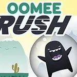 To animerede figurer i forskellige former og farver med teksten OOMEE RUSH øverst på en farverig baggrund med bjerge og skyer