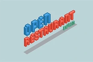 Tekst i isometrisk stil med ordene Open Restaurant Begin i blå, rød og grøn på en lyseblå baggrund