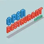 Tekst i isometrisk stil med ordene Open Restaurant Begin i blå, rød og grøn på en lyseblå baggrund