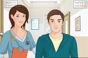 En tegneserielignende illustration af en sygeplejerske og en mand i en hospitalskorridor med vægskilte i baggrunden