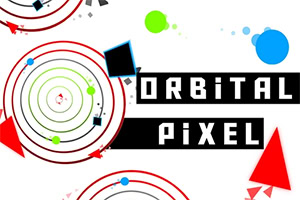 Farverige geometriske former med cirkler og pile samt teksten Orbital Pixel mod en hvid baggrund