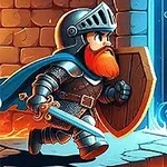 En tegneserieagtig ridder med rødt skæg og rustning løber mod en mystisk, blåglødende dør med et skjold og sværd i hånden