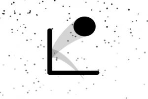 Sort cirkel springer over en sort streg i et minimalistisk design med spredte sorte prikker på en hvid baggrund