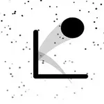 Sort cirkel springer over en sort streg i et minimalistisk design med spredte sorte prikker på en hvid baggrund