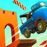 En blå lastbil springer fra en orange rampe med trafikkegler i baggrunden