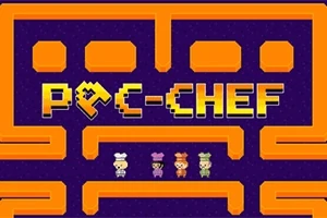 Tekst Pac-Chef i en retro stil med fire pixelerede figurkokedragter, omkranset af orange labyrintlignende grafik på en mørk baggrund
