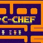 Tekst Pac-Chef i en retro stil med fire pixelerede figurkokedragter, omkranset af orange labyrintlignende grafik på en mørk baggrund