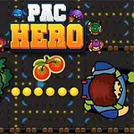 Tegnet labyrintscene med en stor grøn karakter, cirkler, tomater og ordet PAC HERO øverst
