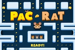 En labyrint med teksten PAC-RAT, en grafisk mus i midten, og ordet READY!